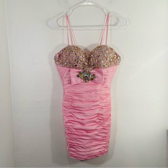 Tony Bowls Barbie Pink Beaded Jewel Sweetheart Pleated Mini Dress 0 Formal Prom - Picture 1 of 10